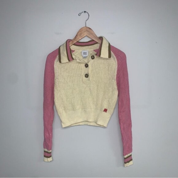 BDG Urban Outfitters Taylor Collared Sweater Size XS Cream Pink Cropped Knitted - Picture 2 of 9
